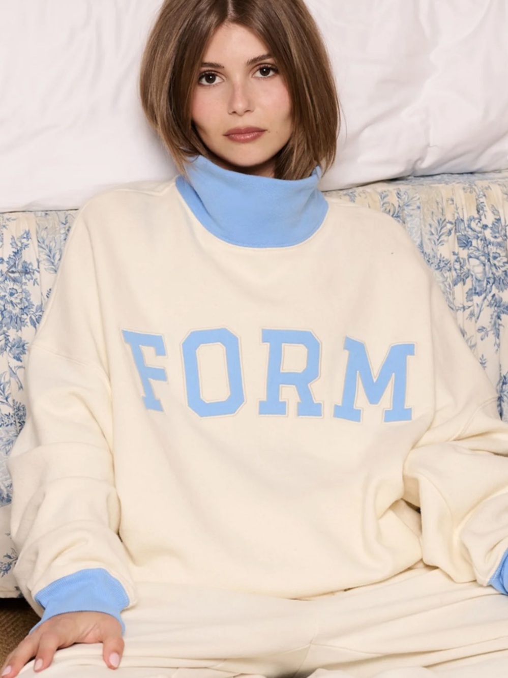 FORM Cream Cowl-Neck Sweatshirt with Light Blue Trim